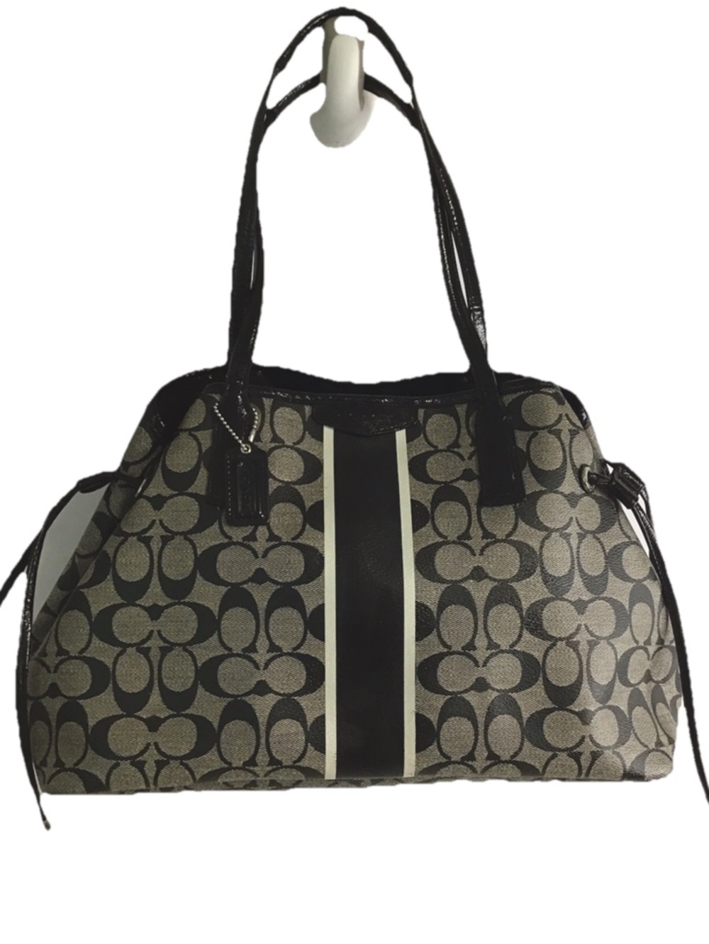 Coach Signature Black/Gray Stripe Handbag/Tote Carry All Large